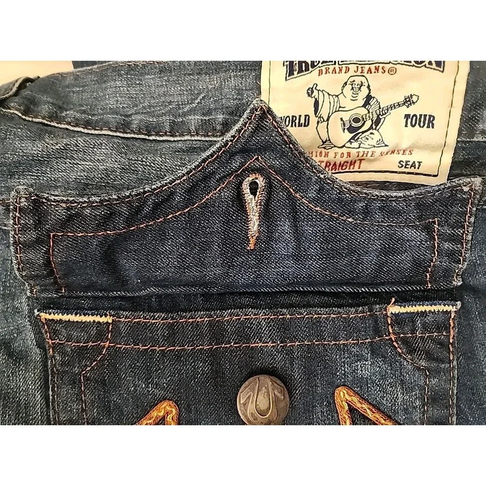 True Religion Jeans Blue Made in USA Size 40 Heavy Brown Stitching Y2K